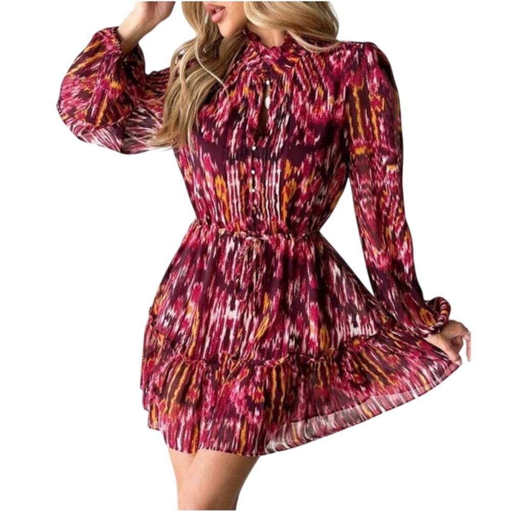 House of Harlow Printed Chiffon Mini Dress Fit & Flare Tiered High Neck Keyhole